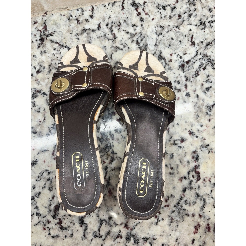 Vintage Y2KCoach Emilie Monogram Wedge Mules Sandals Brown Leather Turlock  6.5M - Picture 3 of 9